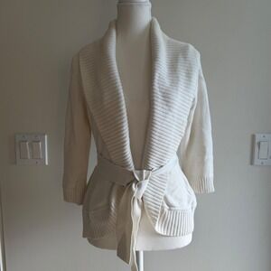 BCBGMAXAZRIA Shawl Collar Wrap Cardigan Ivory Womens Size M Ribbed Knit